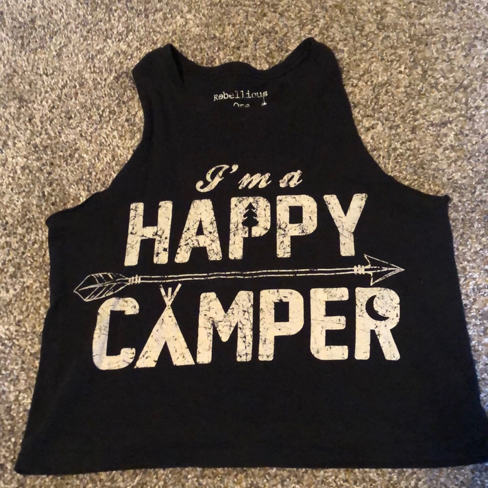Black “happy camper” crop top